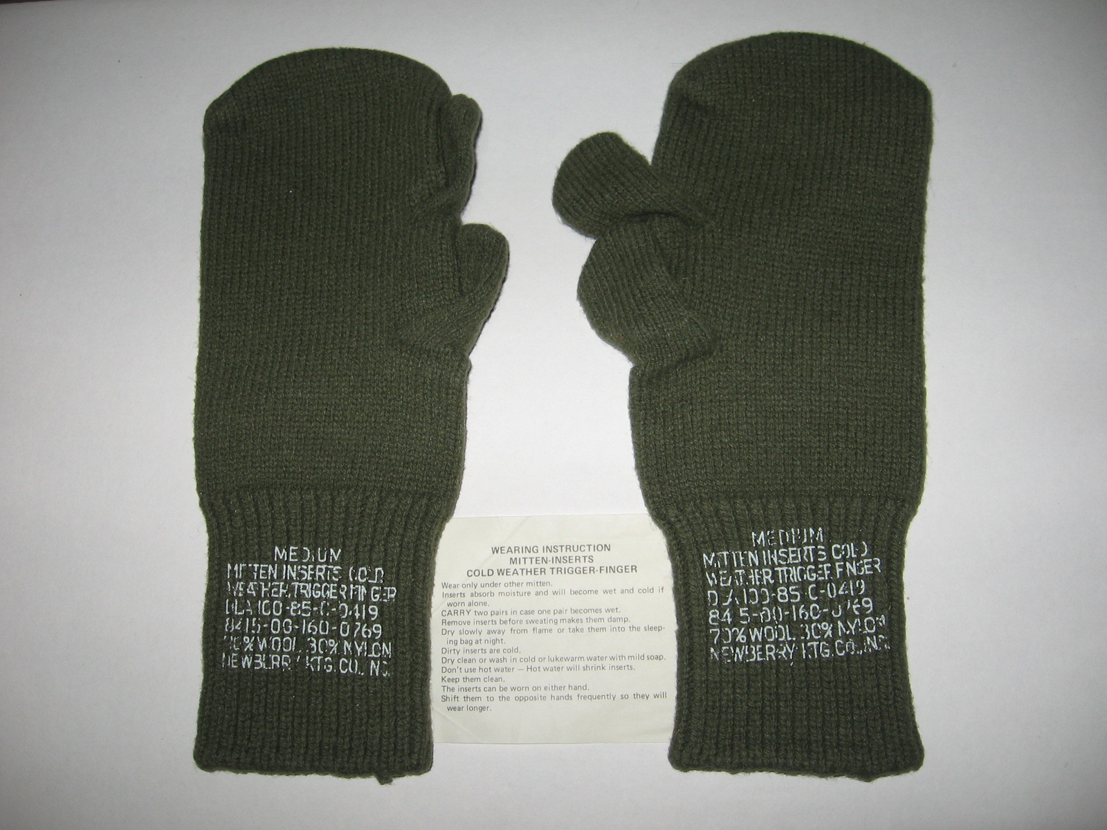 2 Pair Large Military WOOL MITTEN INSERTS w/ Trigger Finger USED Free Shipping 